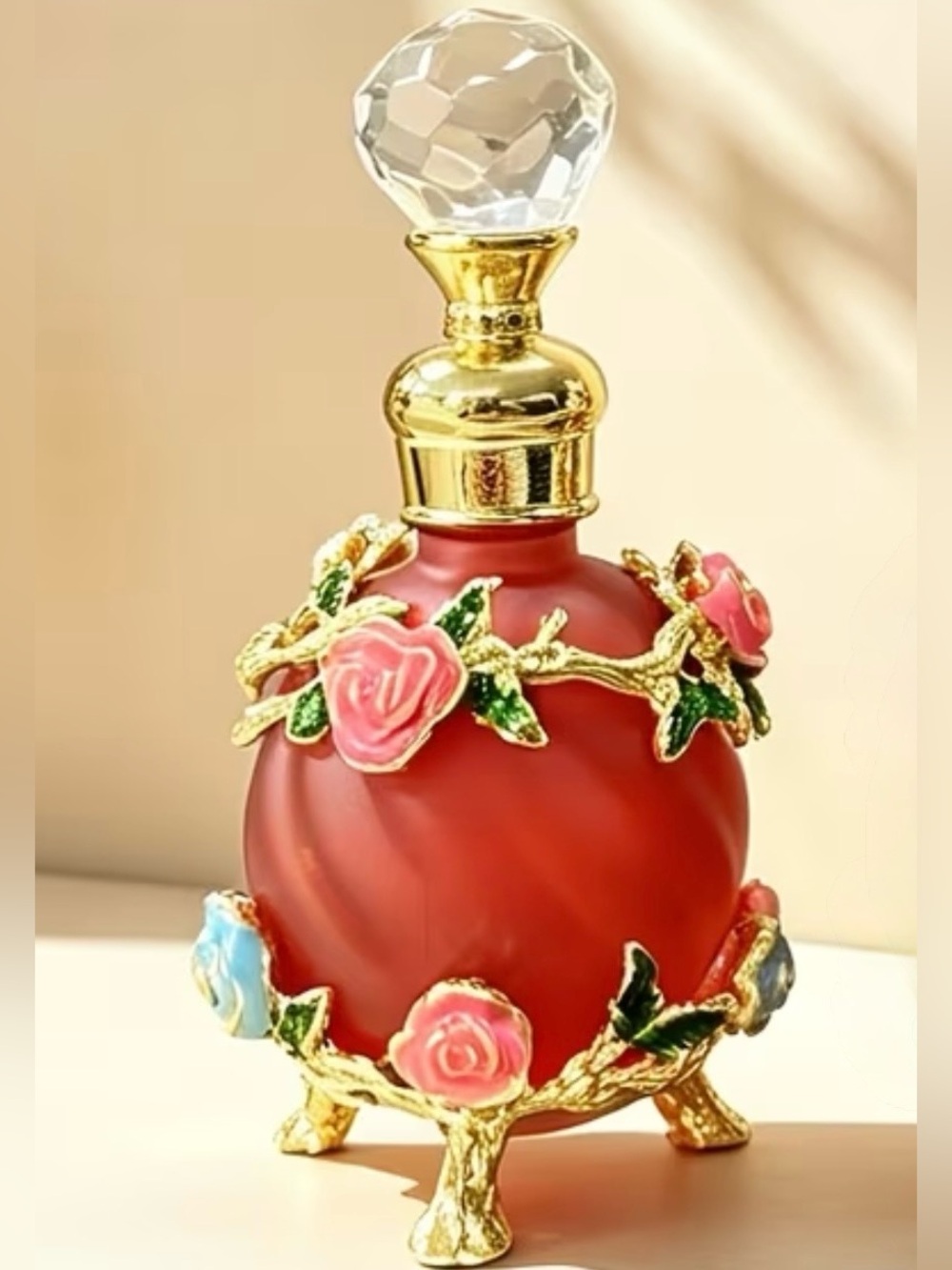 New Decorative Red Miniature Glass Perfume Bottle with Floral Gold Accents